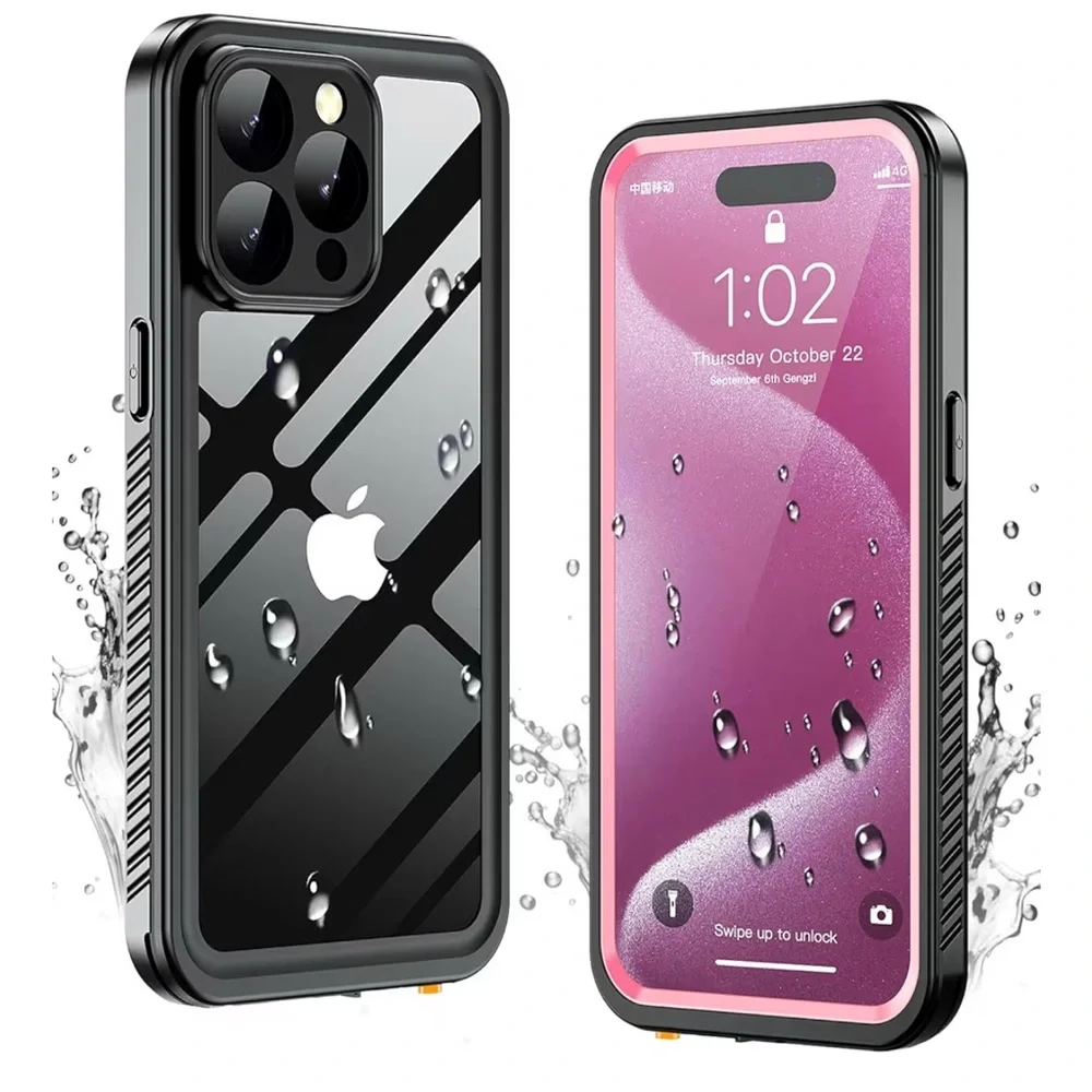 Oterkin iPhone 15 Pro Waterproof Case, Full Body Case With Screen - Pink